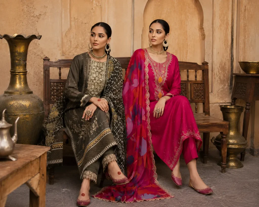 Two women wearing elegant Indian ethnic suits sitting together on a wooden bench in a traditional heritage-inspired setting, showcasing stylish embroidered salwar suits and colorful dupattas.