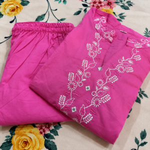 Pink Floral Embroidered Cotton Suit Set