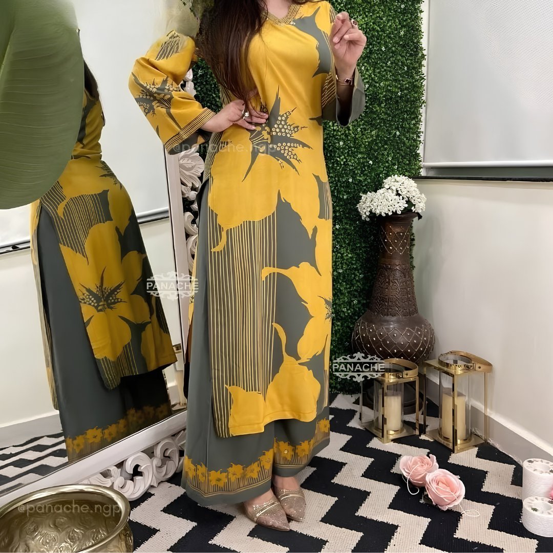 Mustard Yellow & Olive Printed 3-Piece Suit Set