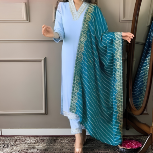 Sky Blue Embroidered 3-Piece Suit with Teal Printed Dupatta
