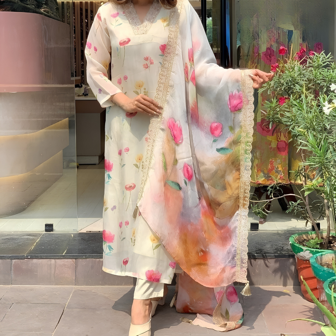 Nora Floral Printed 3-Piece Suit with Embroidered Dupatta