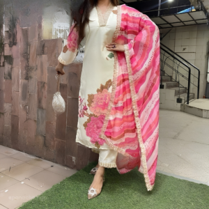 Cream & Pink Printed 3-Piece Suit