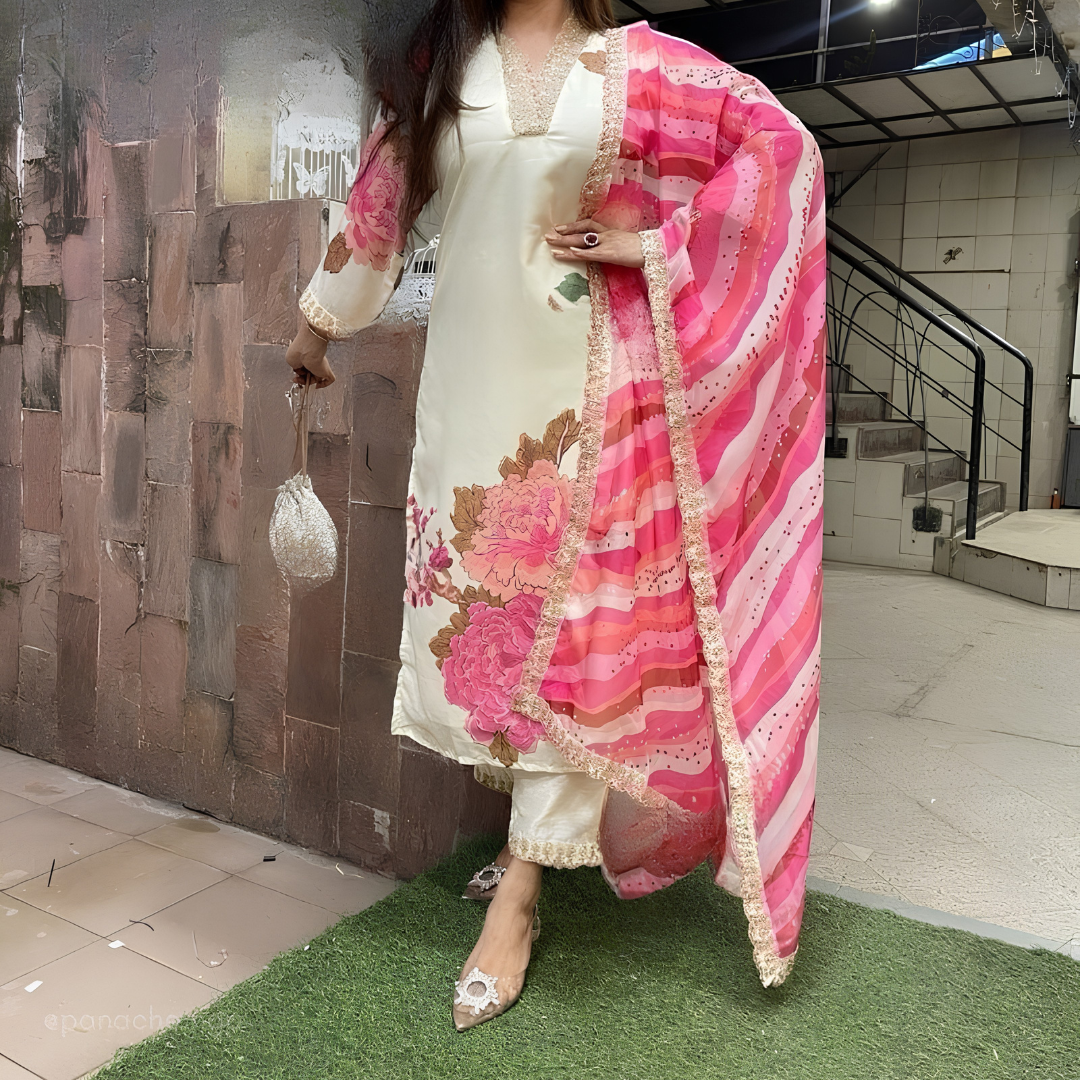 Cream & Pink Printed 3-Piece Suit