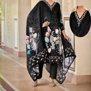 Women’s black 3-piece printed suit with floral kurta, matching bottom, and dupatta. A stylish ethnic wear outfit designed for comfortable everyday fashion, casual occasions, and elegant gatherings.