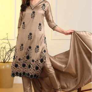 Beige Satin Embroidered 2-Piece Suit Set