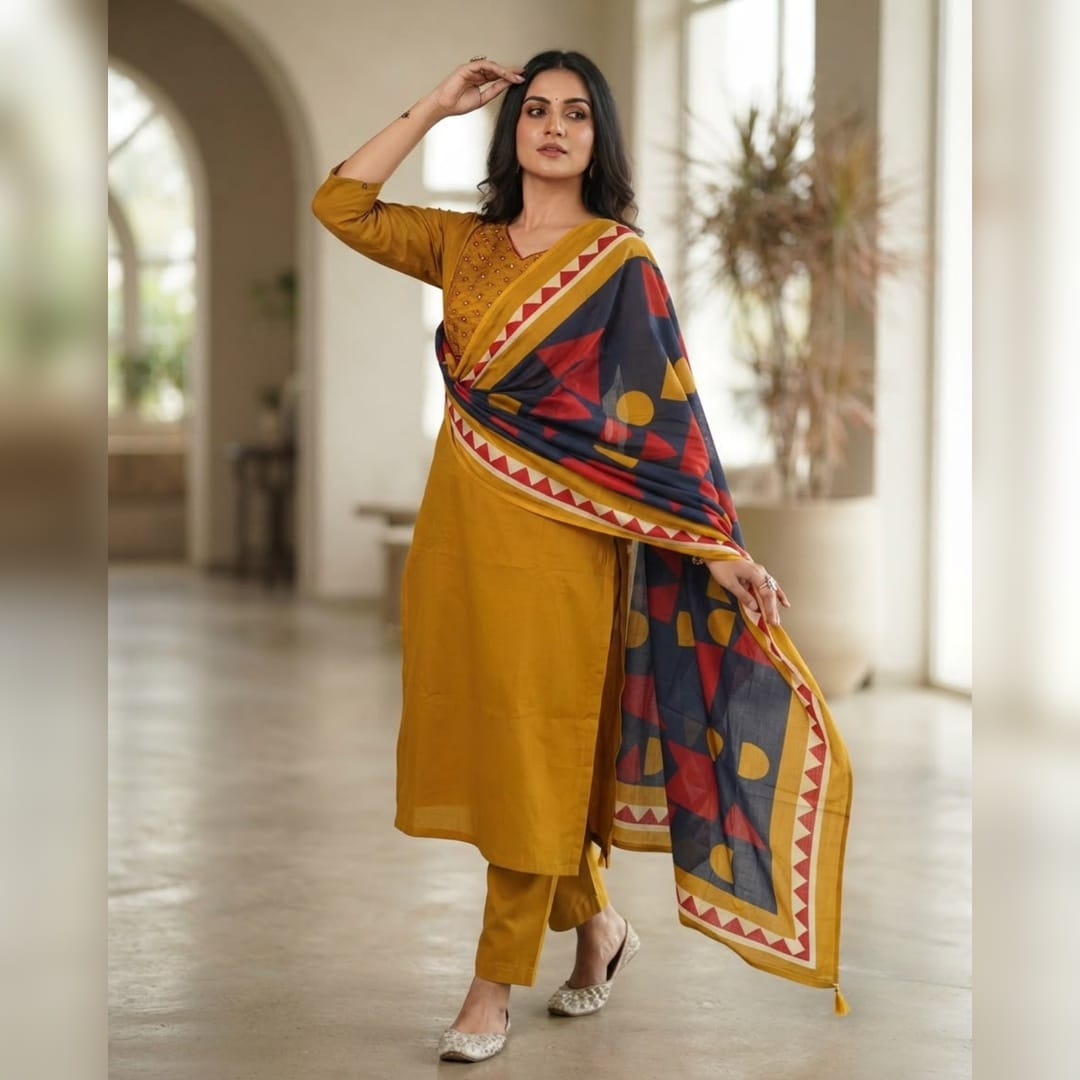 Mustard Muse Printed Kurta Set with Geometric Dupatta