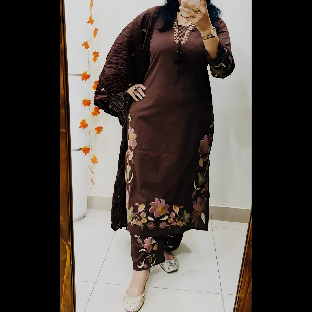 Chocolate Bloom Floral Embroidered Kurta Set with Dupatta