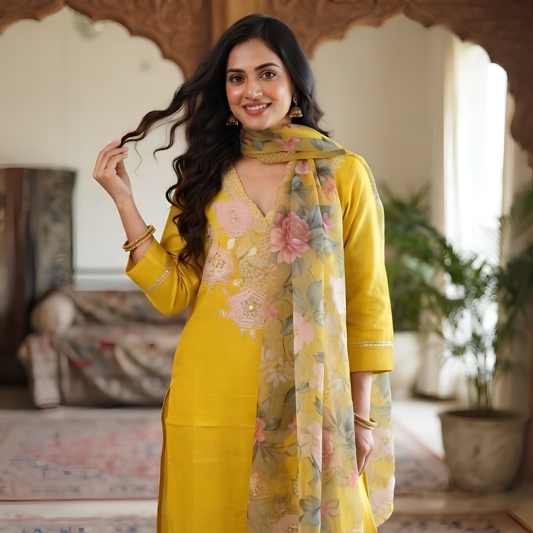 Sunlit Bloom Yellow Embroidered Kurta Set with Floral Dupatta